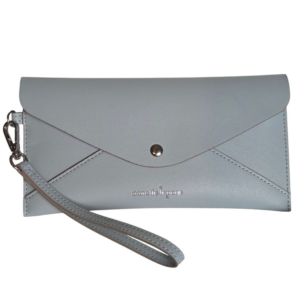 Nanette Lepore Pale Blue Envelope Wristlet Wallet Snap Closure Faux Leather Chic